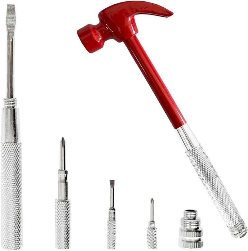 LASUND Red 6 in 1 Multitool Mini Hammer & Screwdriver Set - Camping Hand Tools with Metal Hammer Head - Image 1